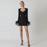 Tropical Long Sleeve Feather Bandage Dress In Black